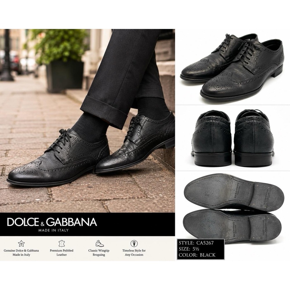 Dolce & Gabbana Brogue Dress Shoes Mens Size 5.5 Black Leather Wingtip CA5261